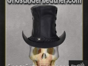 Black Leather Top Hat with Chrome Skull / SKU GRL-HAT14-11-DL