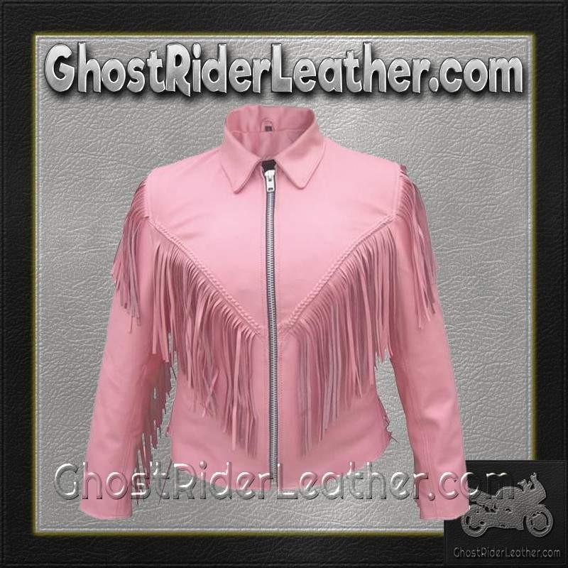 Ladies Biker Pink Leather Jacket with Fringe - SKU AL2121-AL - Image 3