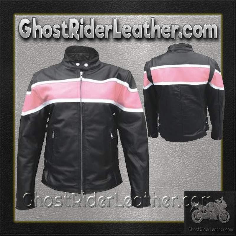 Ladies Racer Biker Leather Jacket With Pink Stripe - SKU AL2173-AL - Image 3