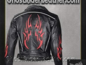 Leather Motorcycle Jacket -Men's - Red Flames and Reflective Piping - MJ781-DL