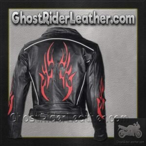 Leather Motorcycle Jacket -Men's - Red Flames and Reflective Piping - MJ781-DL