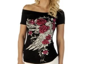 Women's Off Shoulder Blossomed Elegance Shirt - Roses and Feathers - SKU 7642BLK-DS