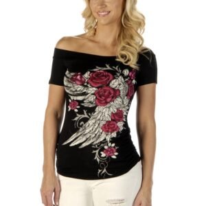 Women's Off Shoulder Blossomed Elegance Shirt - Roses and Feathers - SKU 7642BLK-DS