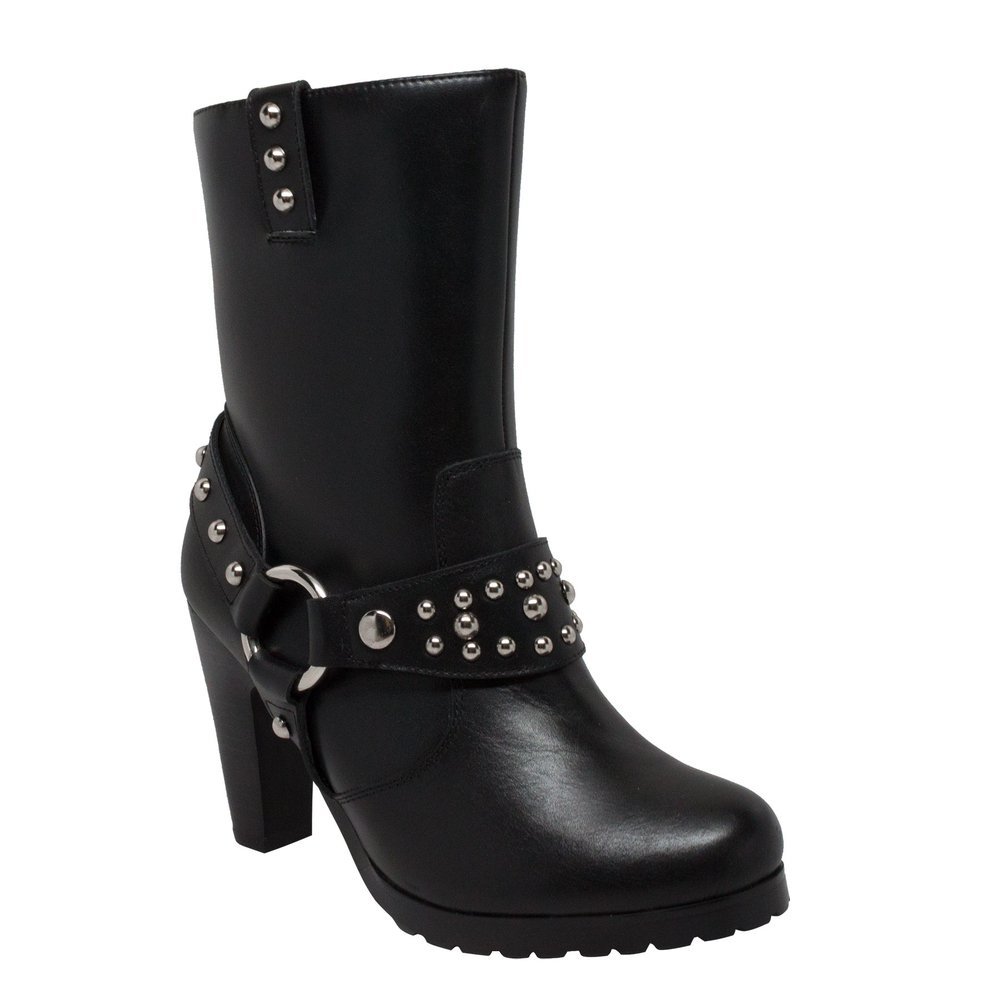 Leather Motorcycle Boots - Women's - Heeled Harness - Studs - Biker - 8546-DS