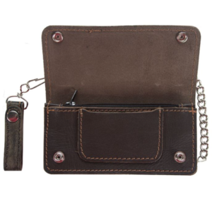 Distressed brown leather chain wallet.