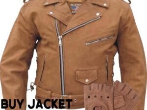 Men's Classic Style Brown Leather Motorcycle Jacket With Free Gloves- Up To Size 60 - SKU AL2015-AL