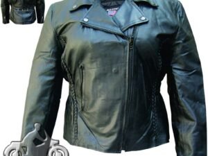 Ladies Biker Leather Jacket With Braid Trim - SKU AL2103-AL