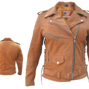 Ladies Classic Biker Brown Leather Jacket - SKU AL2115-AL