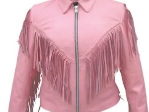 Ladies Biker Pink Leather Jacket with Fringe - SKU AL2121-AL