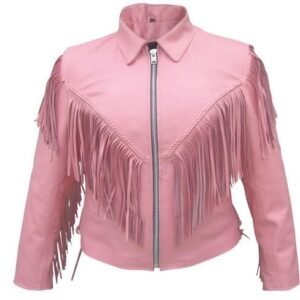 Ladies Biker Pink Leather Jacket with Fringe - SKU AL2121-AL