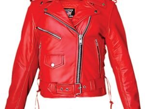Ladies Classic Biker Red Leather Motorcycle Jacket - SKU AL2122-AL