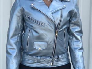 Ladies Classic Biker Silver Leather Motorcycle Jacket - SKU AL2125-AL