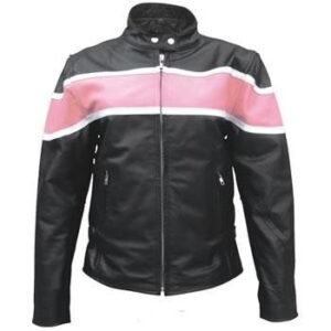Ladies Racer Biker Leather Jacket With Pink Stripe - SKU AL2173-AL