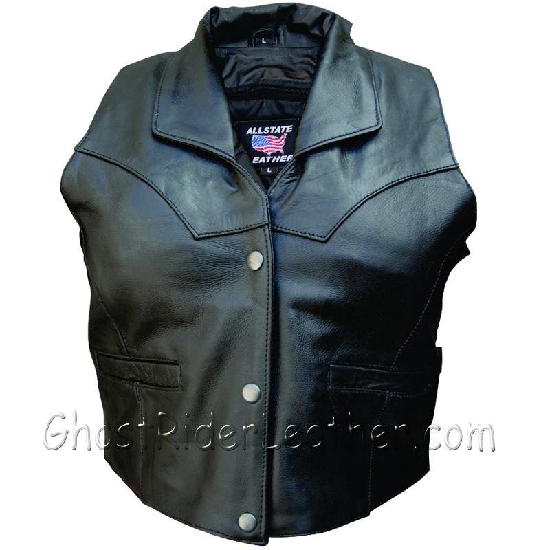 Leather Motorcycle Vest - Women's - Collar and Side Buckles - AL2305-AL - Image 4