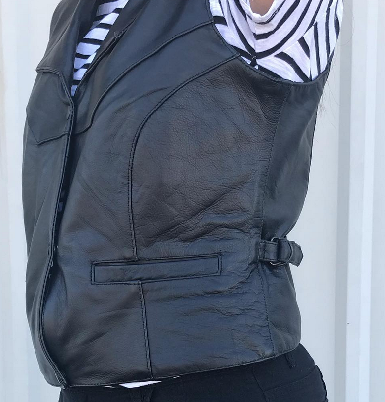 Leather Motorcycle Vest - Women's - Collar and Side Buckles - AL2305-AL - Image 2