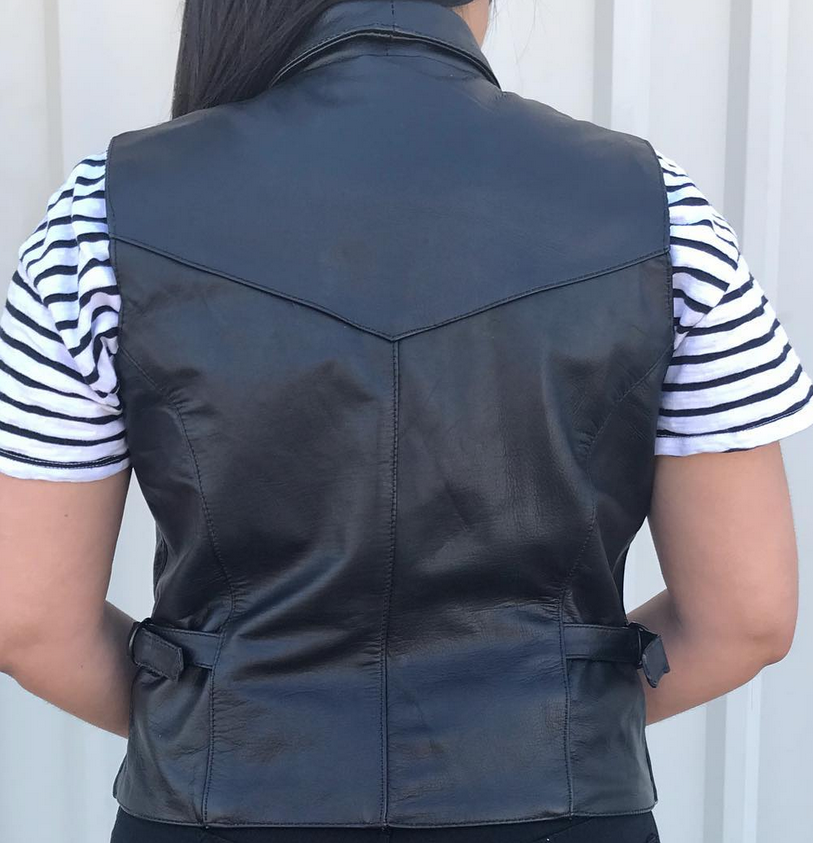 Leather Motorcycle Vest - Women's - Collar and Side Buckles - AL2305-AL - Image 3