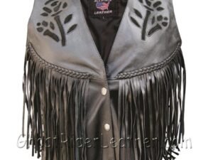 Leather Motorcycle Vest - Women's - Black Rose - Braid - Fringe - AL2307-AL