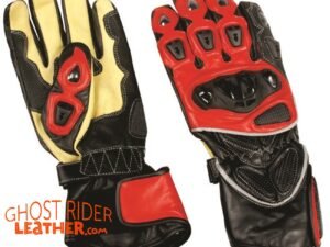 Leather Gloves - Men's - Sport Bike - Knuckle Protector - Yellow Red Black - AL3081-AL