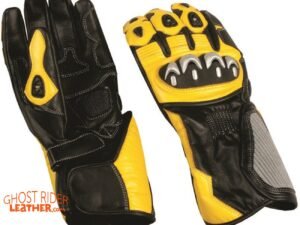 Leather Gloves - Men's - Sport Bike - Knuckle Protector - Yellow Black - AL3082-AL