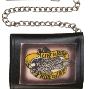 4 inch Black Leather Chain Wallet with Live To Ride - Tri-fold - SKU AL3273-AL