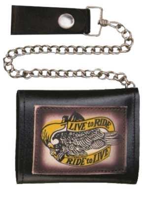 4 inch Black Leather Chain Wallet with Live To Ride - Tri-fold - SKU AL3273-AL