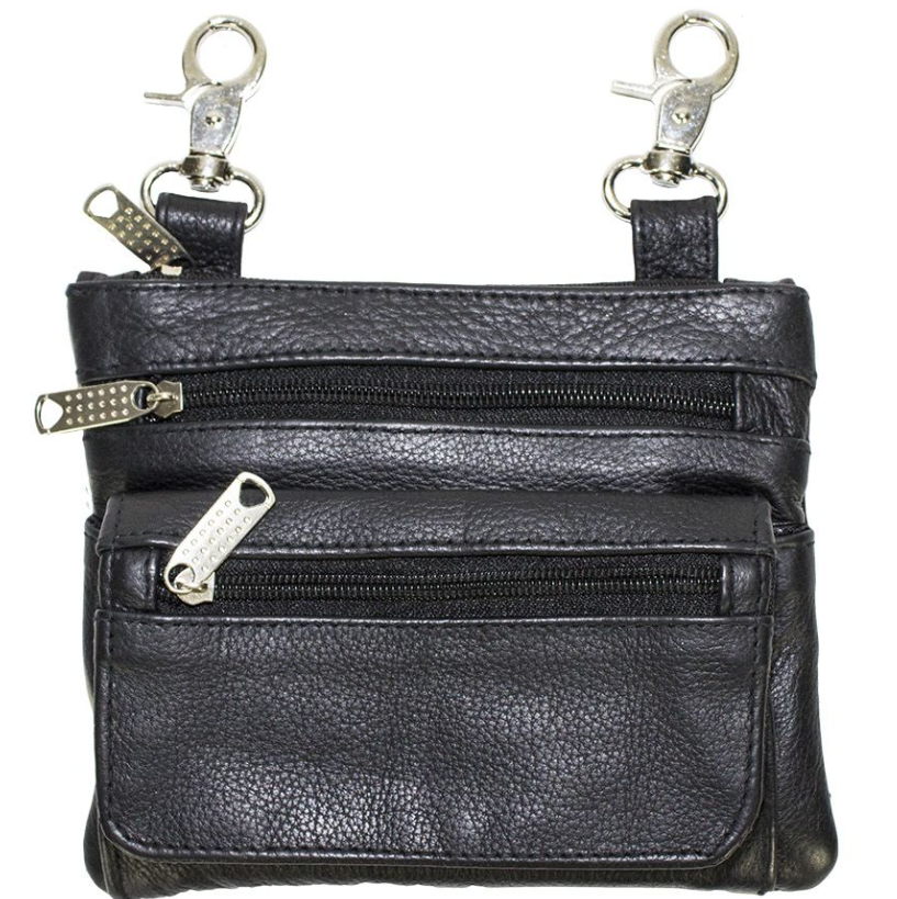Leather Belt Bag - Black - Zipper Pockets - Handbag - BAG32-DL