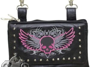 Leather Belt Bag - Pink Flying Skull Design - Handbag - BAG35-EBL10-PINK-DL