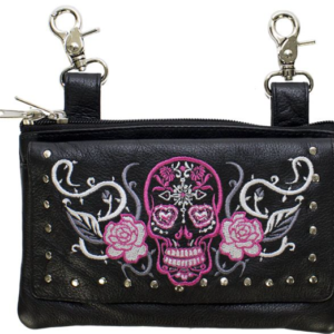 Leather Belt Bag - Hot Pink - Sugar Skull Roses - Handbag - BAG35-EBL14-PINK-DL
