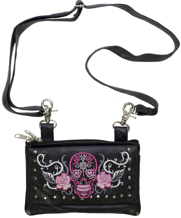 Leather Belt Bag - Hot Pink - Sugar Skull Roses - Handbag - BAG35-EBL14-PINK-DL - Image 3
