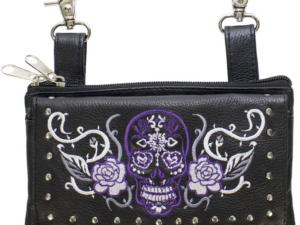 Leather Belt Bag - Purple - Sugar Skull Roses - Handbag - BAG35-EBL14-PURP-DL