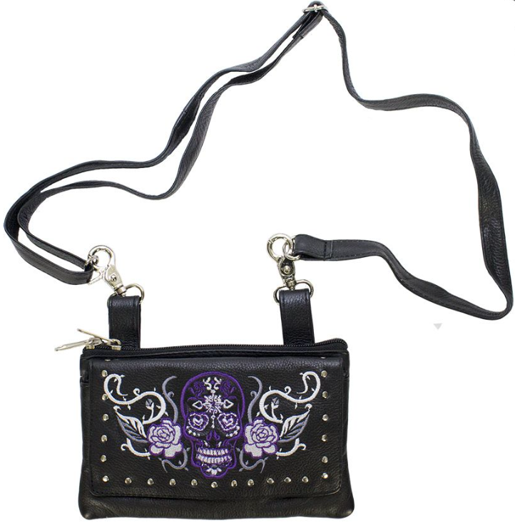 Leather Belt Bag - Purple - Sugar Skull Roses - Handbag - BAG35-EBL14-PURP-DL - Image 3