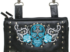 Leather Belt Bag - Teal Blue - Sugar Skull Roses - Handbag - BAG35-EBL14-TEAL-DL