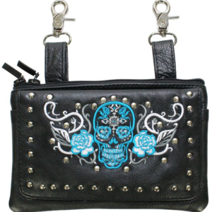 Leather Belt Bag - Teal Blue - Sugar Skull Roses - Handbag - BAG35-EBL14-TEAL-DL