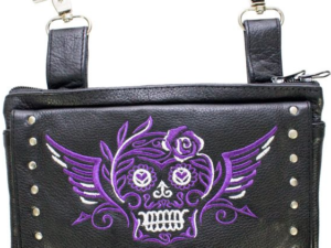 Leather Belt Bag - Purple - Sugar Skull Design - Handbag - BAG35-EBL19-PURP-DL