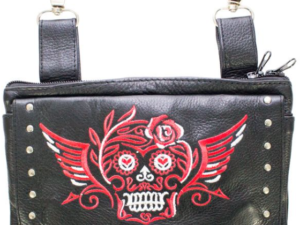 Leather Belt Bag - Red - Sugar Skull Design - Handbag - BAG35-EBL19-RED-DL