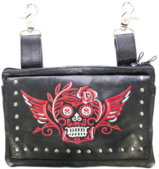 Leather Belt Bag - Red - Sugar Skull Design - Handbag - BAG35-EBL19-RED-DL