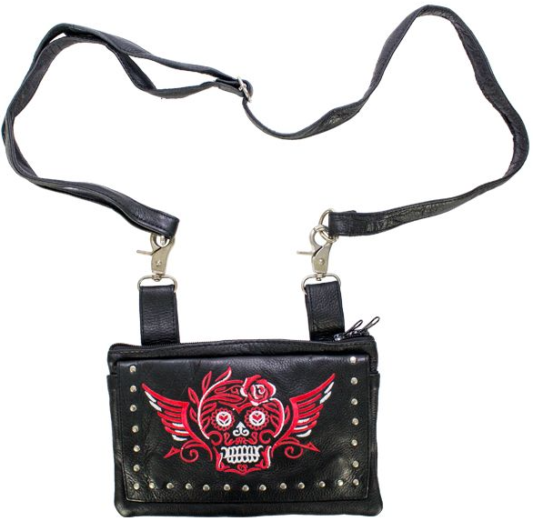 Leather Belt Bag - Red - Sugar Skull Design - Handbag - BAG35-EBL19-RED-DL - Image 3