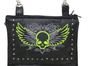 Leather Belt Bag - Lime Green - Gun Pocket - Flying Skull Design - Handbag - BAG36-EBL10-LIME-DL