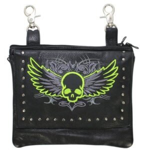 Leather Belt Bag - Lime Green - Gun Pocket - Flying Skull Design - Handbag - BAG36-EBL10-LIME-DL