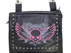 Leather Belt Bag - Pink - Gun Pocket - Flying Skull Design - Handbag - BAG36-EBL10-PINK-DL