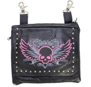 Leather Belt Bag - Pink - Gun Pocket - Flying Skull Design - Handbag - BAG36-EBL10-PINK-DL