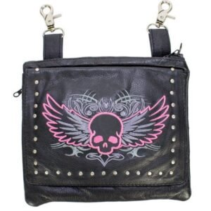Leather Belt Bag - Pink - Gun Pocket - Flying Skull Design - Handbag - BAG36-EBL10-PINK-DL