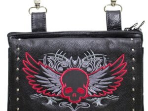 Leather Belt Bag - Red - Gun Pocket - Flying Skull Design - Handbag - BAG36-EBL10-RED-DL