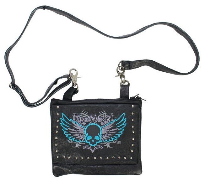 Leather Belt Bag - Teal Blue - Gun Pocket - Flying Skull Design - Handbag - BAG36-EBL10-TEAL-DL - Image 3
