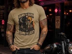 Damn the Dark, Damn the Light Skull Biker T-shirt.