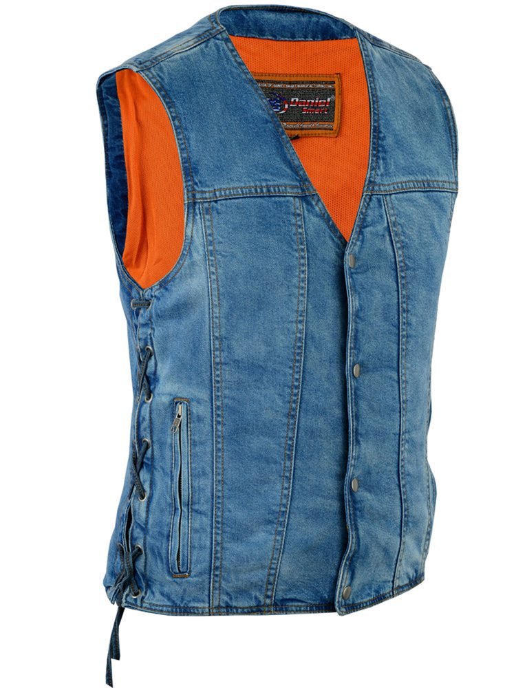 Men's Denim Motorcycle Vest - Blue - Single Panel Back - DM905BU-DS