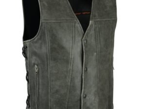 Leather Motorcycle Vest - Men's - Gray - Gun Pockets - Side Laces - Up To 8XL - RC105V-RC
