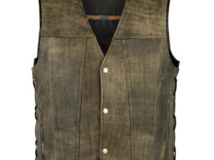 Leather Motorcycle Vest - Men's - Antique Brown - Up To Size 8XL - Side Laces - Big and Tall - RC107-RC