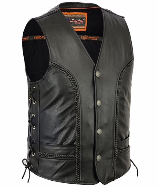 Leather Motorcycle Vest - Men's - Gun Pockets - Braided - Up To 6XL - DS131-DS