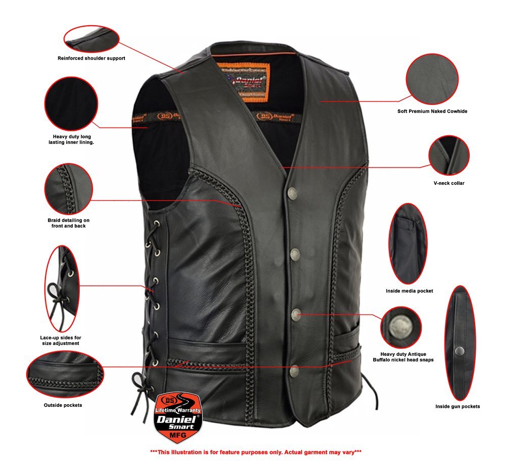 Leather Motorcycle Vest - Men's - Gun Pockets - Braided - Up To 6XL - DS131-DS - Image 3